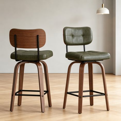 Tabouret de bar pivotant en PU, dossier ergonomique, structure métal et bois, vert/noyer (1/5)