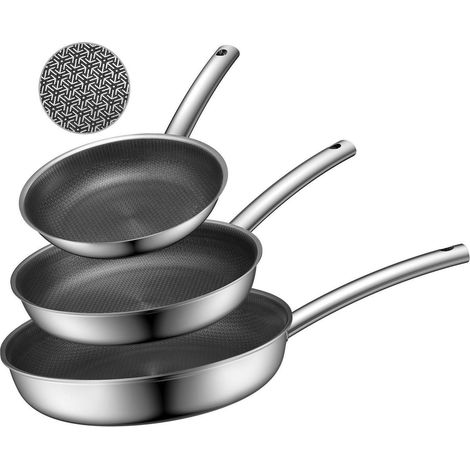 Set de 3 poêles en acier inoxydable avec structure en nid d'abeille, induction, 20/24/28cm