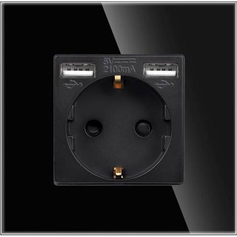 Base enchufe EU 16A + cargador rápido USB A+A,  KOOB frontal cristal negro (1/5)
