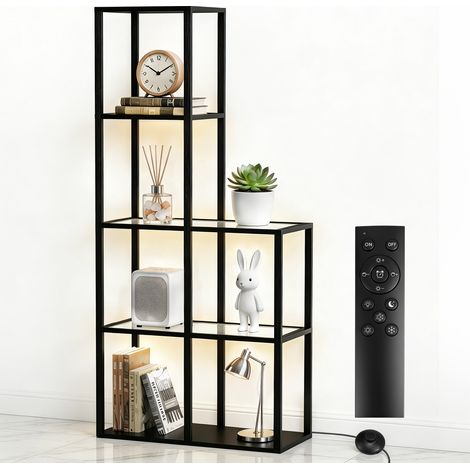 168cm Verre Étagère Vitrée en Bois Trempé Éclairage LED 2700-6500 K Lampadaire sur Pied Dimmable Télécommande Charge 15kg/étagère Vitrine en Verre Présentation et Rangement pour Salon Chambre Bureau (1/5)