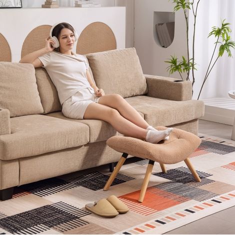 Puf marrón 67x45x38 cm - asiento auxiliar y reposapiés de poliéster con patas de madera MEUBLIV (1/5)