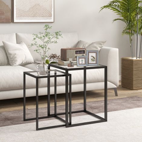 2er-Set Beistelltische 42x42x51 cm / 33x33x45.5 cm Schwarz aus gehärtetem Glas stapelbar (1/5)