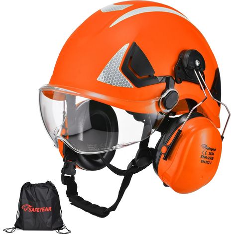 Casque de Sécurité EN397 avec Visière et Cache-Oreilles, Casque Protection ABS avec Lunette UV, Casque de Chantier Réglable 53–64cm pour Industrie, logistique de Stockage, Forestier (1/5)
