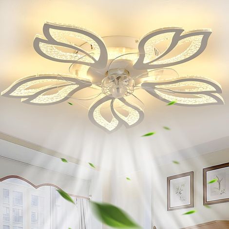 Ventilateur Plafond Avec Lumiere Design Et Télécommande, Plafonnier Ventilateur Silencieux LED Dimmable Timer Réversible 6 Vitesses Lustre Ventilateur Fleuri Pour Chambre-White (1/5)