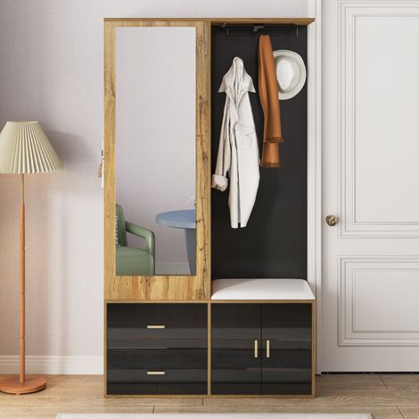 Meuble à chaussures noir et bois élégant avec miroir, banc de rangement avec crochets et cintres extensibles, ensemble d'armoire design.