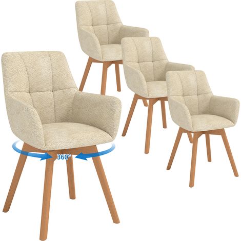 Lot de 4 Chaises de Salle à Manger Pivotantes 360°, Accoudoirs et Pieds Bois, Dossier en Fausse Laine d’Agneau.Kaki. (1/5)