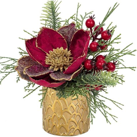 Kunstpflanze Weihnachtsdeko Keramiktopf Tannenzapfen Magnolie Rot (1/5)