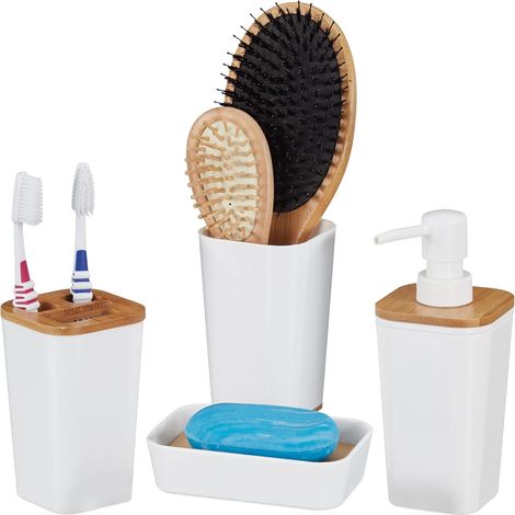 Lot d’Accessoires de Salle de Bain, 4 pièces, Moderne, gobelet, Support à Savon et Distributeur de Lotion, Plastique et Bambou, Blanc (1/5)