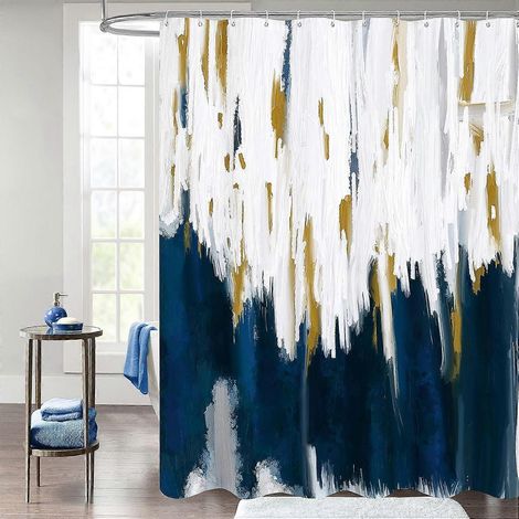 Rideau de douche bleu, rideau de douche en tissu dégradé graffiti pour une décoration de salle de bain moderne et abstraite, motif coups de pinceau, aquarelle, bleu marine, 183 x 183 cm (1/5)
