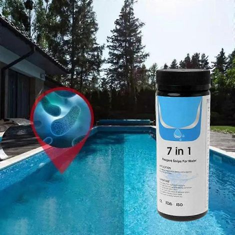 Kit de 50 bandelettes de test 7 en 1 (50 unités/flacon) pour piscines, aquariums et poissons : réactif pour tester la qualité de l’eau (pH, chlore, alcalinité, brome et dureté). (1/4)