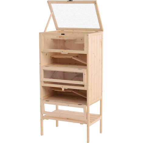 Cage à plusieurs niveaux PawHut pour hamsters, souris et petits rongeurs. 5 niveaux, 10 plateformes, en bois de pin. Dimensions : 60 x 40 x 120 cm