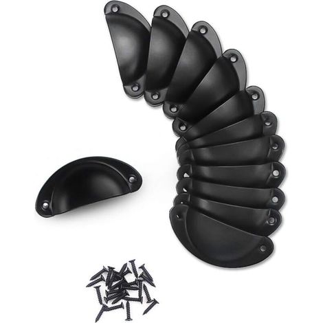 (Schwarz) 12 Vintage-Muschelgriffe 81 x 35 mm für Küchenschranktüren, Schubladen und Türen, mit 24 Schrauben. (1/4)