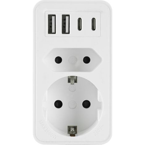 Répartiteur électrique, 2 prises Schuko, chargeur 4 ports USB