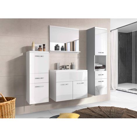 Deco In Paris – Ensemble de meubles de salle de bain suspendu blanc brillant – Meuble vasque 60 cm avec rangement – Armoire murale 3 tiroirs – Miroir design (1/5)