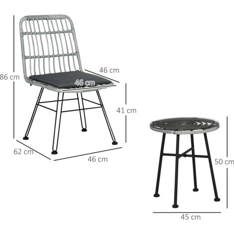 Ensemble 3 pièces : table et chaises de jardin en rotin PE et acier, table basse avec plateau en verre et 2 chaises, ensemble bistro de jardin pour balcon, terrasse, extérieur, jardin, gris (1/5)