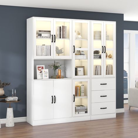Vitrina combinada blanca 180 x 40 x 200 cm con LED, 8 puertas y 3 cajones (1/5)
