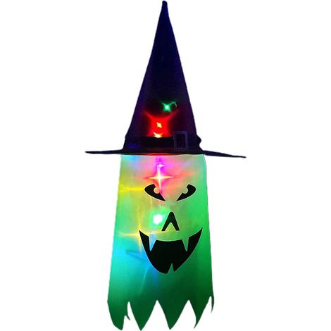 Guirlande lumineuse LED Halloween fantômes et chapeaux de sorcière suspendus, décoration extérieure pour arbre, porche et jardin.