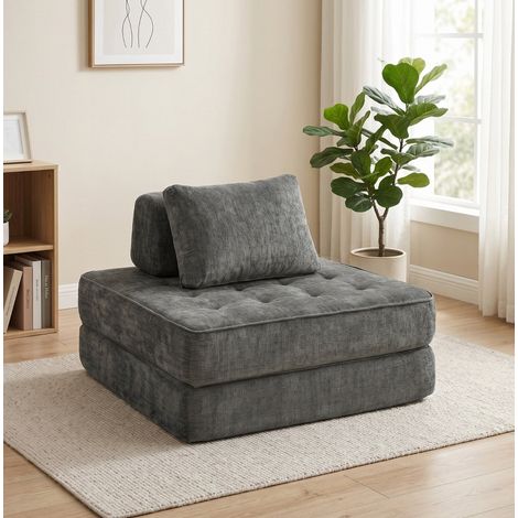 Sillón cama 2 en 1 plegable de chenilla gris sin estructura con cojín de apoyo (1/5)