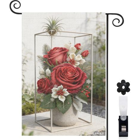 Drapeau de jardin roses rouges et flocons de neige 30 x 45 cm décoration porche et entrée (1/5)