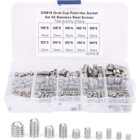 Vis de serrage,assortiment 200 vis à tête creuse hexagonale Allen M3/M4/M5/M6/M8,pour instruments précision,compteurs produits (1/5)