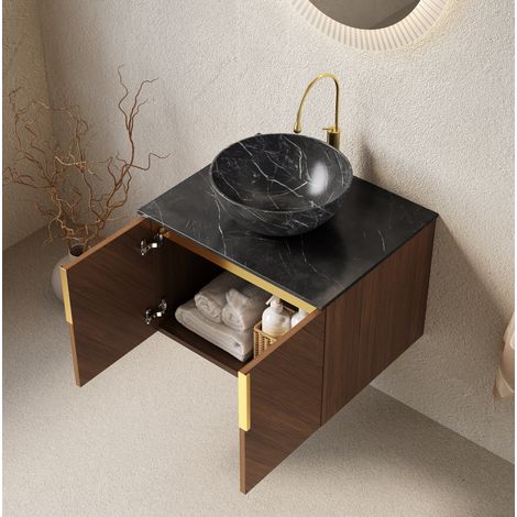 Mobile bagno sospeso 61x50x55.1 cm, lavabo in ceramica, piano in pietra sinterizzata, compensato, nero e rovere marrone (1/5)
