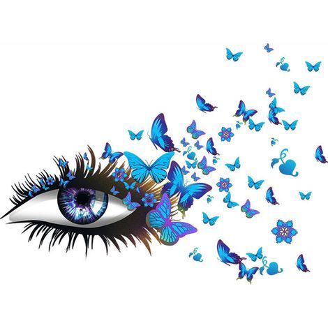 Sticker Mural Yeux - Cils - Papillons - Cœurs - Décoration Murale Enfant Fille - PVC Mat Détachable - 2 Planches 30 x 60 cm