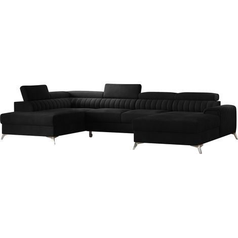 Canapé en U convertible KALANTE velours - Coffre de rangement et appuie-têtes réglables à gauche-Noir-Coffre à gauche (1/5)