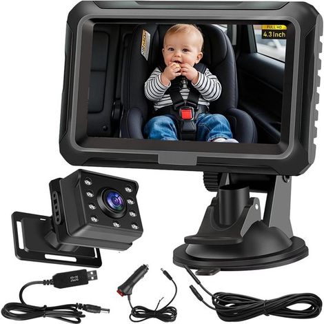 Cámara de seguridad para bebés en coche de alta definición 1080P, modelo para espejo retrovisor, con pantalla de 4,3 pulgadas, plug, and, play (1/4)