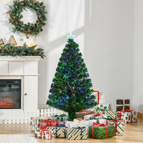 Árbol de Navidad de Fibra Óptica 120 cm Decoración Navideña con 16 LED de 3 Colores 130 Ramas Ø60x120 cm Verde (1/5)