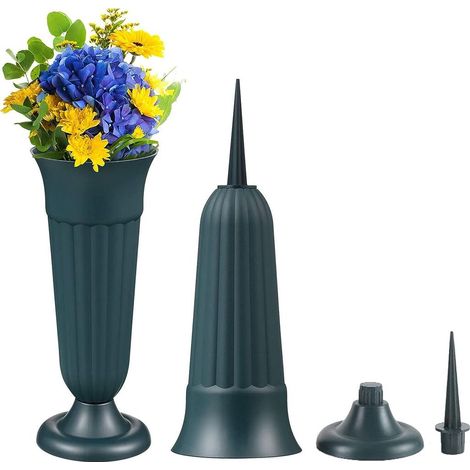 Due vasi da cimitero con base e inserto, dimensioni 33 x 11 cm, resistenti al gelo, adatti per la decorazione del cimitero, colore verde. (1/5)