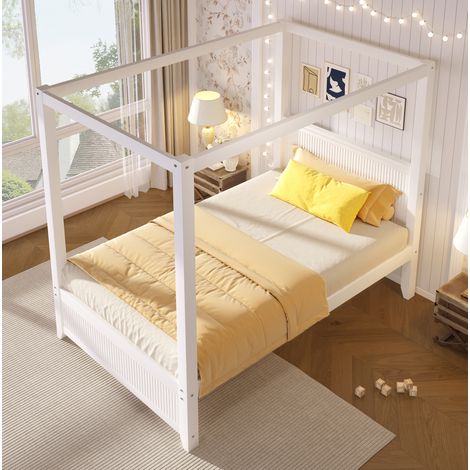 Letto a baldacchino 90x200 cm bianco in legno massello e MDF con testiera a doghe (1/5)