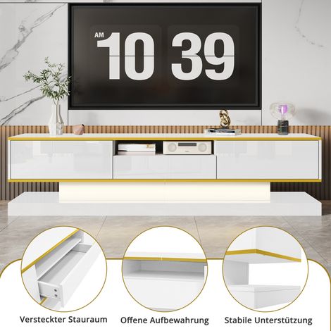Meuble TV en panneaux de particules blanc brillant avec détails dorés, LED multicolore, 180 x 38 x 45 cm (1/5)