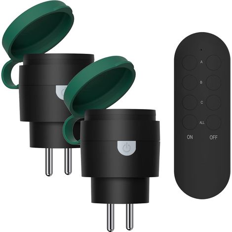 Mini Prise Telecommande sans Fil Extérieures Programmables IP44, Portée 40 M, 2300 W, pour Décoration de Vacances, Puissance dissipée faible, All On/Off, Noir/Vert (1/5)
