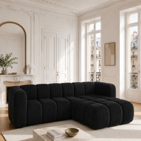 RINIA - Canapé d’angle droit en velours côtelé - 4 places - 228 cm - Noir (1/4)