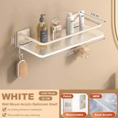 Étagère de salle de bain d'angle en acrylique (30 cm, blanc) avec crochets porte-serviettes, fixation murale sans perçage, gris, en acrylique et aluminium spatial. (1/5)