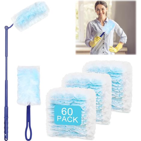 60 Pièces Plumeau Poussiere Recharge Kit, Recharges de Plumeau avec 2 Poignée Plumeaux à Poussière Brosses Dépoussiérantes pour Cheveux, Poussière, Nettoyage de Toiture de Saleté (1/4)