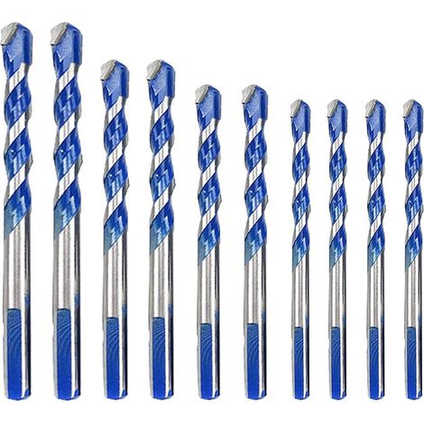 Jeu de 10 forets en carbure de tungstène pour la maçonnerie, adaptés au métal, à l'acier, à la porcelaine, au carrelage, au béton, à la brique, au plastique et au bois - 6/8/10/12 mm (1/5)
