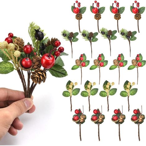 Lot de 20 branches de pin artificielles – Baies rouges pour sapin de Noël – Décoration en pin pour couronne/cheminée/cadeau/artisanat/carte (1/5)