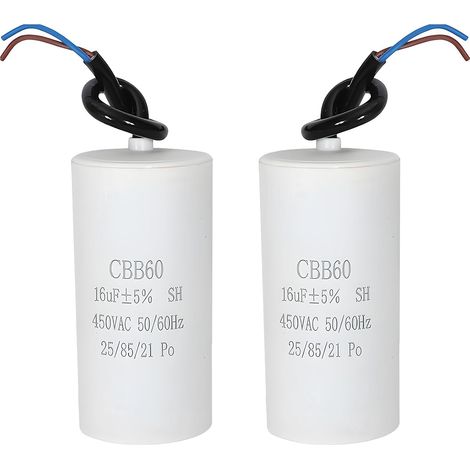 2 Pièces Condensateur CBB60 16µF 450V 50/60Hz, Condensateur de Démarrage Moteur avec Fils et Fonctionnement pour Compresseurs, Climatiseurs, Ventilateurs, Pompes à Eau et équipements électriques (1/5)
