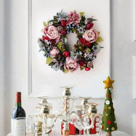 Couronne rétro de pivoines roses en racine de lotus, fleurs en soie, décoration de mariage, décoration de porte ou de mur pour la maison ou les fêtes. (1/5)
