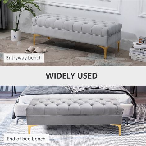 Banc capitonné gris à boutons - Rangement à chaussures au pied du lit, dans l'entrée ou la chambre - Banc capitonné (1/5)