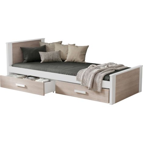 Cama Henderson 116, Blanco + Roble Sonoma, Individuales, 90x200, Madera, Aglomerado laminado, Somieres, 109x210x72cm (1/4)
