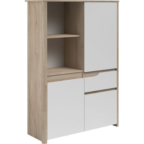 Buffet haut 2 portes 1 tiroir aspect bois clair façades blanches - TIFFENE (1/5)