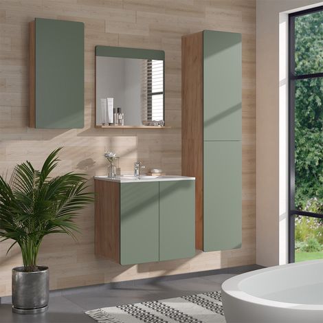 Meubles bain Izan, Force d'or Chêne/Vert, 5 pièces avec armoire haute et armoire suspendue, Vicco