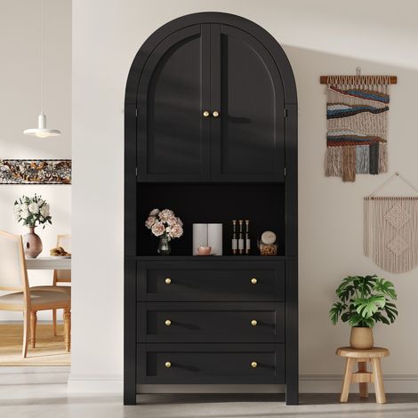 Eifson – Buffet noir 70x35x180 cm – 3 tiroirs et 2 portes – Espace d'exposition ouvert – Poignées dorées – Design incurvé pour salon et cuisine (1/5)