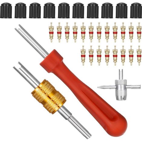 Kit d'outils de réparation de dissolvant de noyau de valve + 1 outil de valve quadruple + 10 bouchons de valve de pneu de voiture + 20 noyaux de valve pour le remplacement de moto de vélo (1/4)