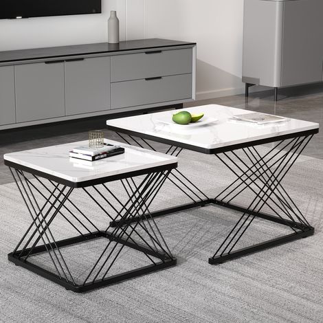 Ensemble de 2 tables carrées nidifiables 60x60x45 cm et 45x45x40 cm,aspect marbre brillant,pieds réglables. Charge jusqu’à 30 kg.-Ha