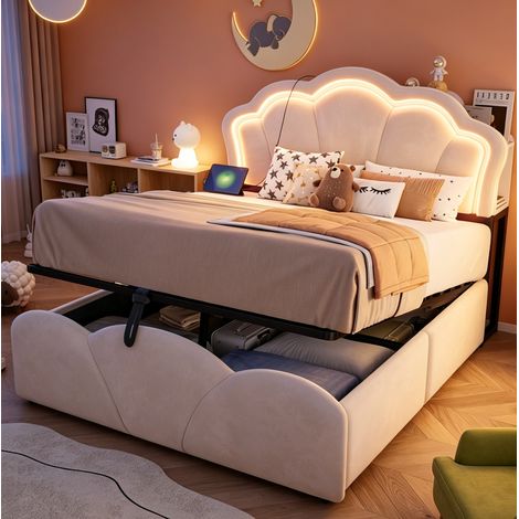 Letto contenitore 140x200 cm in velluto beige con LED, prese e vano contenitore HAVRYA (1/5)