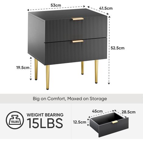 Table de chevet noire à motif ondulé avec 2 tiroirs, table de nuit moderne avec pieds en métal, 1 pièce