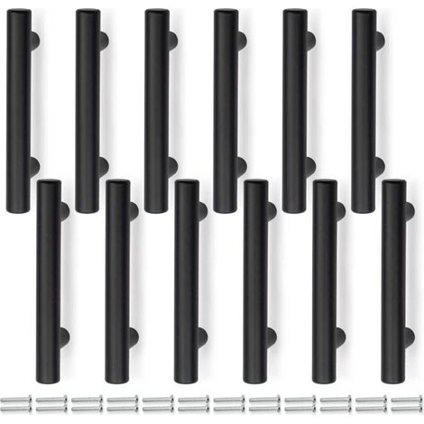 T-förmige Küchengriffe, mattschwarzer Edelstahl, 12 Stück, 100 mm (64 mm Mittenabstand), für Schränke und Schubladen